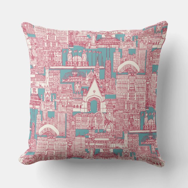 Chicago toile viva magenta turquoise kussen (Voorkant)