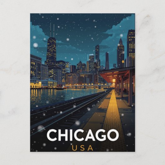 Chicago USA Skyline Winter Night Briefkaart (Voorkant)