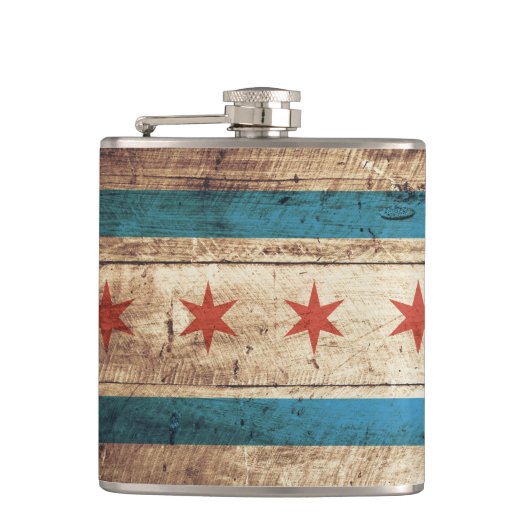 Chicago vlag op oude houten korrel heupfles (Voorkant)