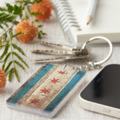 Chicago vlag op oude houten korrel sleutelhanger (Voorkant Rechts)