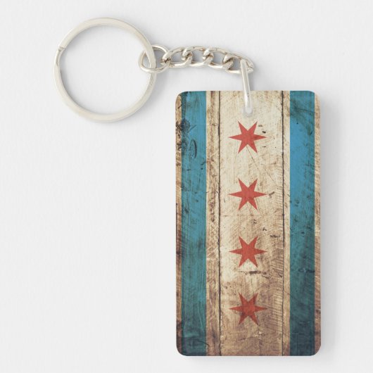 Chicago vlag op oude houten korrel sleutelhanger (Voorkant)