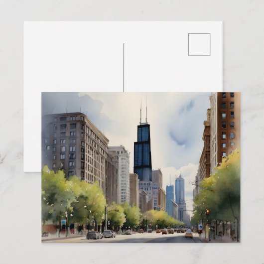 Chicago waterverf kunst briefkaart (Voorkant / Achterkant)