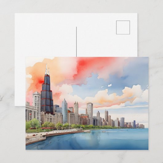 Chicago waterverf kunst briefkaart (Voorkant / Achterkant)