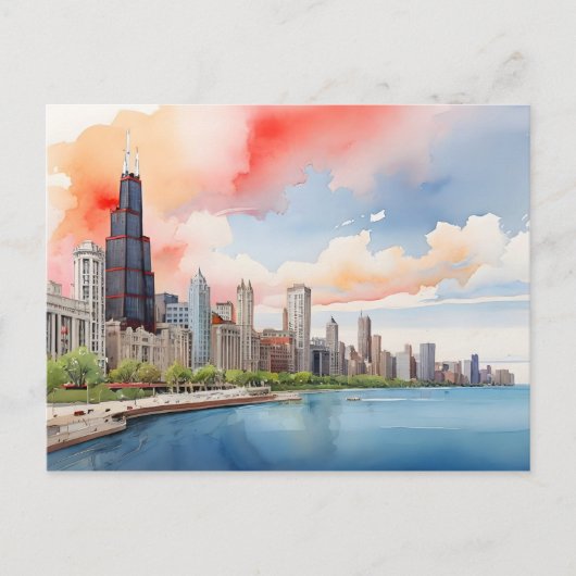 Chicago waterverf kunst briefkaart (Voorkant)