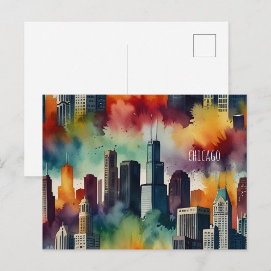 Chicago waterverf kunst briefkaart (Voorkant / Achterkant)