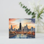 Chicago waterverf kunst briefkaart (Staand voorkant)