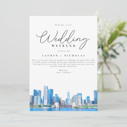 Chicago Weddenschap Weekend Welkomstboek Invitati Kaart (Staand voorkant)