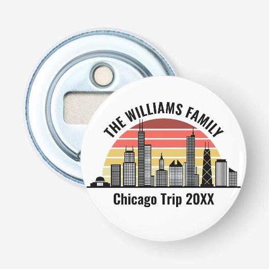 Chicago Zonsondergang Aangepaste Gezinsreis Button Flesopener (Voorkant)