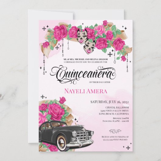 Chicana Lowrider Roze Rose Chola Quinceanera Kaart (Voorkant)