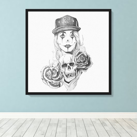 Chicano Art Canvas Art Print Zwart & Wit (Insitu (Houten vloer))