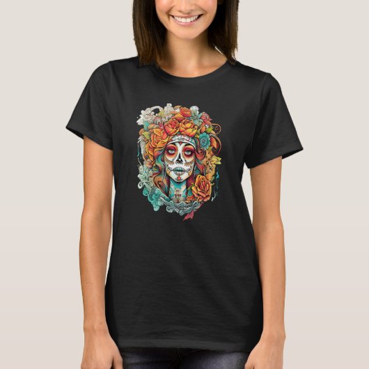 Chicano Girl Mexico Flowers Death Pretty 2 T-shirt (Voorkant)