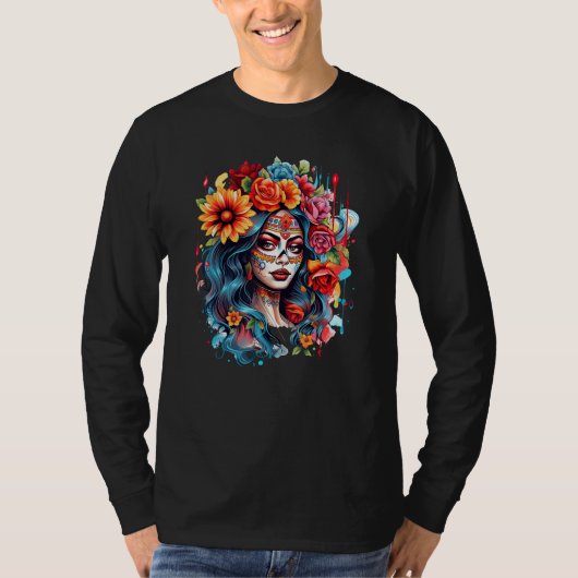 Chicano Girl Mexico Flowers Death Pretty 8 T-shirt (Voorkant)