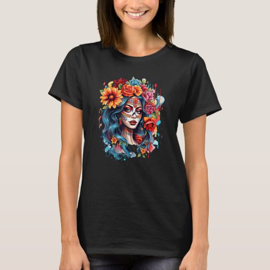 Chicano Girl Mexico Flowers Death Pretty 8 T-shirt (Voorkant)