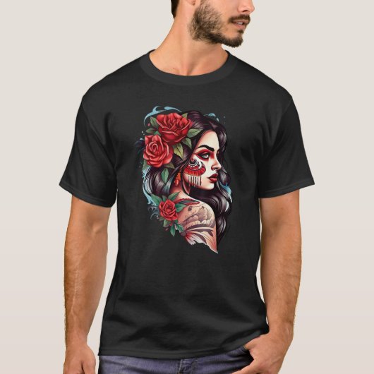 Chicano Girl Mexico Flowers Death Pretty T-shirt (Voorkant)