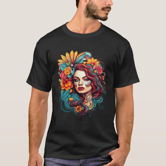 Chicano Meisje Mexico Bloemen Dood  T-shirt (Voorkant)