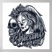 Chicano (Vrouw met vleugels, Rozen en schedel) Poster (Voorkant)