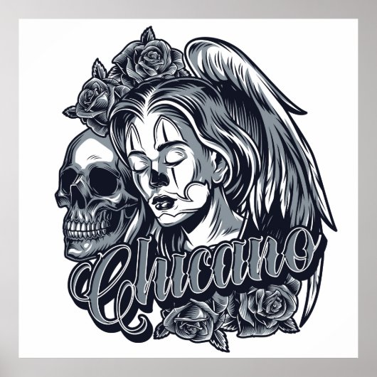 Chicano (Vrouw met vleugels, Rozen en schedel) Poster (Voorkant)