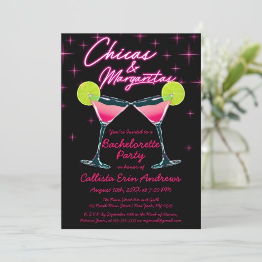 Chicas en Margaritas Neon Roze vrijgezellenfeest Kaart (Staand voorkant)