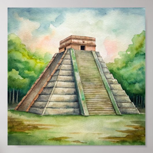Chichen Itza Mayan Tempel in Mexico Schilderen Poster (Voorkant)