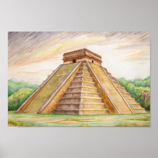 Chichen Itza Mayan Tempel in Mexico Tekening Poster (Voorkant)