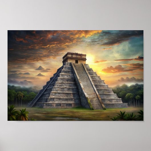 Chichen Itza Mayan Tempel in Mexico Zonsondergang Poster (Voorkant)