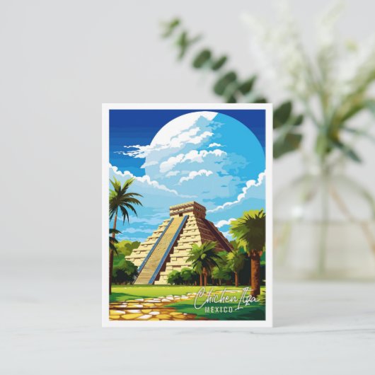 Chichen Itza Mexico vintage reisillustratie Briefkaart (Staand voorkant)