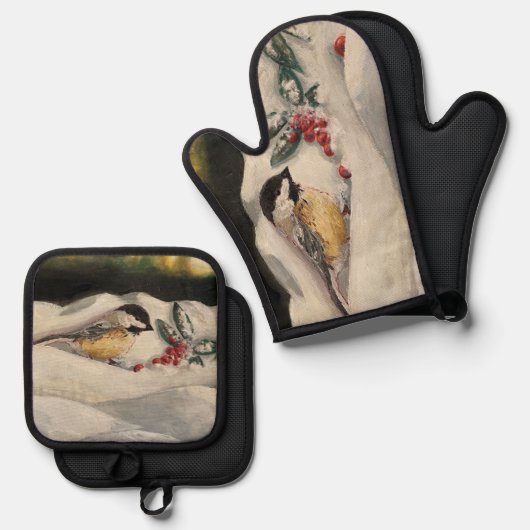 Chick-a-Dee with Mistletoe Ovenwant & Pannenlap Set (Voorkant / Achterkant)