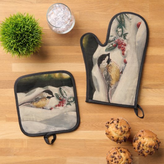 Chick-a-Dee with Mistletoe Ovenwant & Pannenlap Set (Top down)