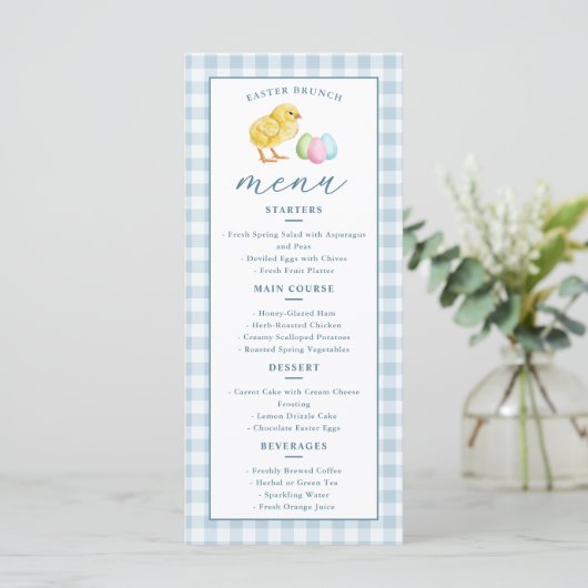Chick And Pastel Eggs Blue Gingham Easter Brunch Menu (Staand voorkant)