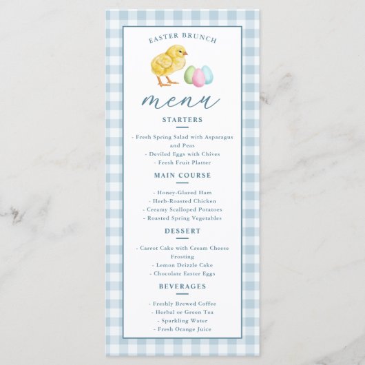 Chick And Pastel Eggs Blue Gingham Easter Brunch Menu (Voorkant)