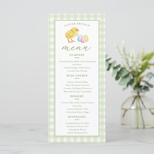 Chick And Pastel Eggs Green Gingham Easter Brunch Menu (Staand voorkant)