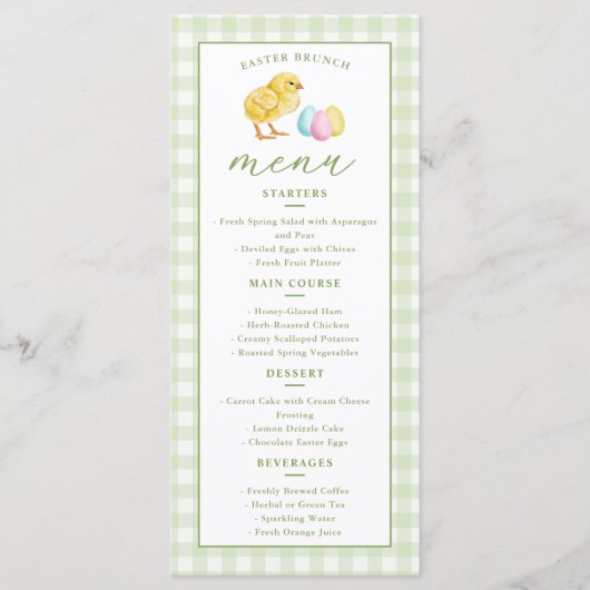 Chick And Pastel Eggs Green Gingham Easter Brunch Menu (Voorkant)