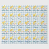 Chick And Pastel Eggs Happy Easter Blue Gingham Cadeaupapier (Vlak)