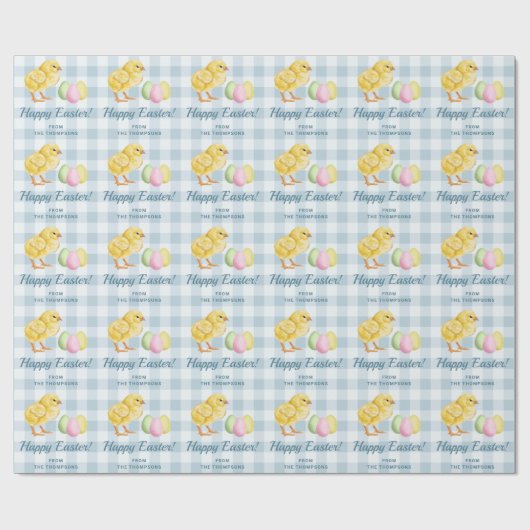 Chick And Pastel Eggs Happy Easter Blue Gingham Cadeaupapier (Vlak)