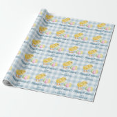Chick And Pastel Eggs Happy Easter Blue Gingham Cadeaupapier (Uitgerold)