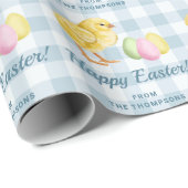 Chick And Pastel Eggs Happy Easter Blue Gingham Cadeaupapier (Rol Hoek)
