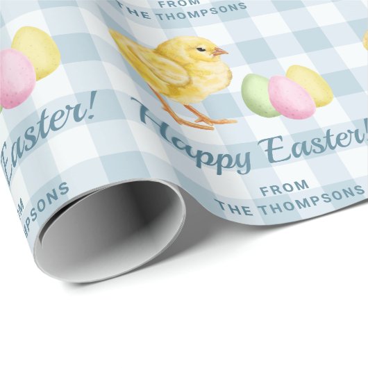 Chick And Pastel Eggs Happy Easter Blue Gingham Cadeaupapier (Rol Hoek)