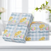 Chick And Pastel Eggs Happy Easter Blue Gingham Cadeaupapier
