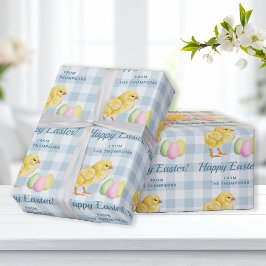 Chick And Pastel Eggs Happy Easter Blue Gingham Cadeaupapier