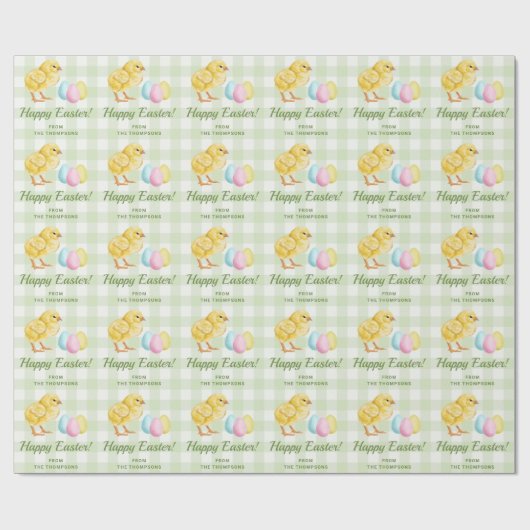 Chick And Pastel Eggs Happy Easter Green Gingham Cadeaupapier (Vlak)