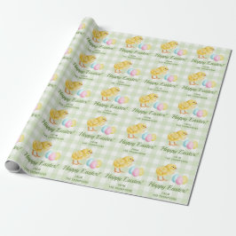 Chick And Pastel Eggs Happy Easter Green Gingham Cadeaupapier