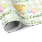 Chick And Pastel Eggs Happy Easter Green Gingham Cadeaupapier (Rol Hoek)