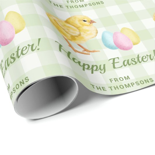 Chick And Pastel Eggs Happy Easter Green Gingham Cadeaupapier (Rol Hoek)