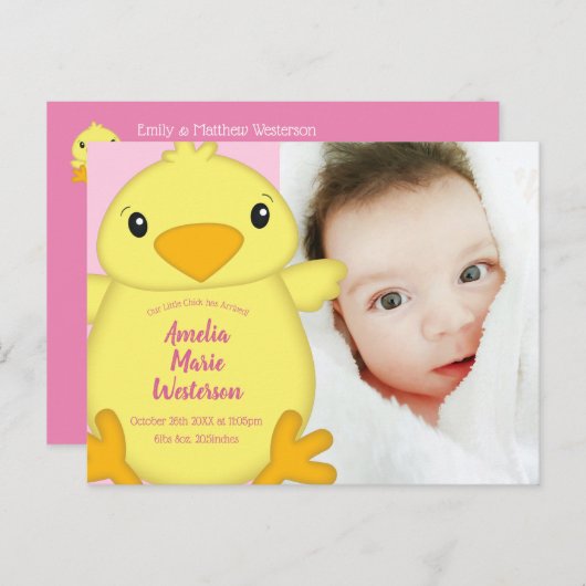 Chick Baby shower Roze Briefkaart (Voorkant / Achterkant)