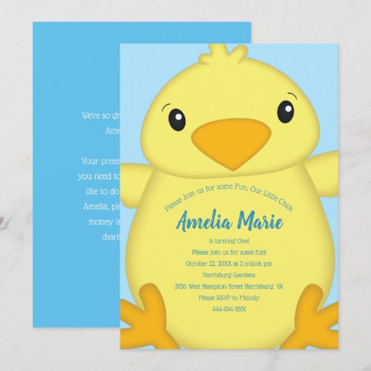 Chick Birthday Party Blue Kaart (Voorkant / Achterkant)