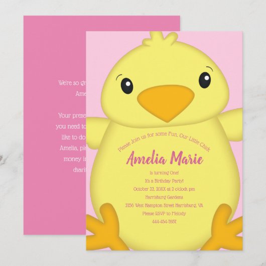 Chick Birthday Party Pink Kaart (Voorkant / Achterkant)