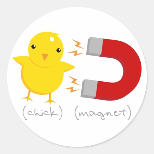 Chick Magnet. Ronde Sticker (Voorkant)