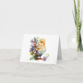 Chick met witte en paarse bloemen BLANK Kaart