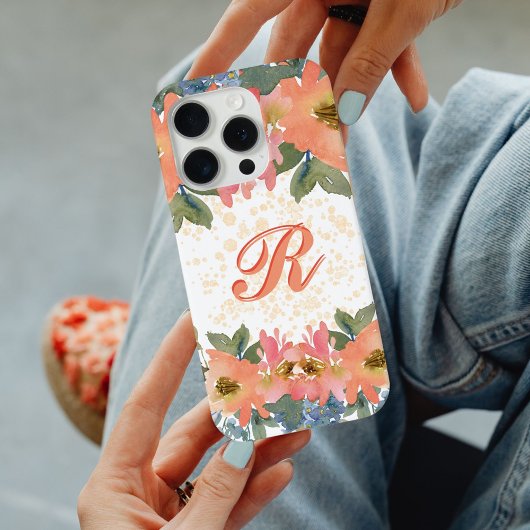 Chick Modern Peach Waterverf Floral Monogram R Case-Mate iPhone Case