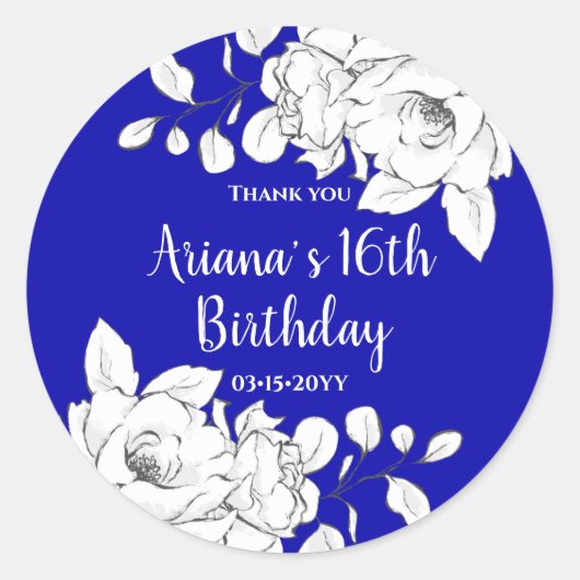 Chick Modern Royal Blue Floral Ronde Sticker (Voorkant)